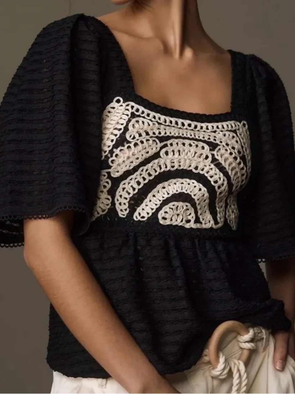 Anthropologie | Sarah Hann Black Peasant Top with White Crochet Panel